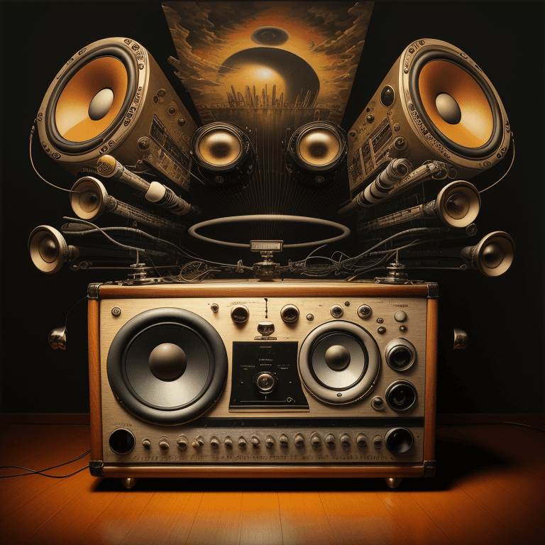 AI generated: music Album cover picture, surreal art oil picture, radio, speaker, music instruments