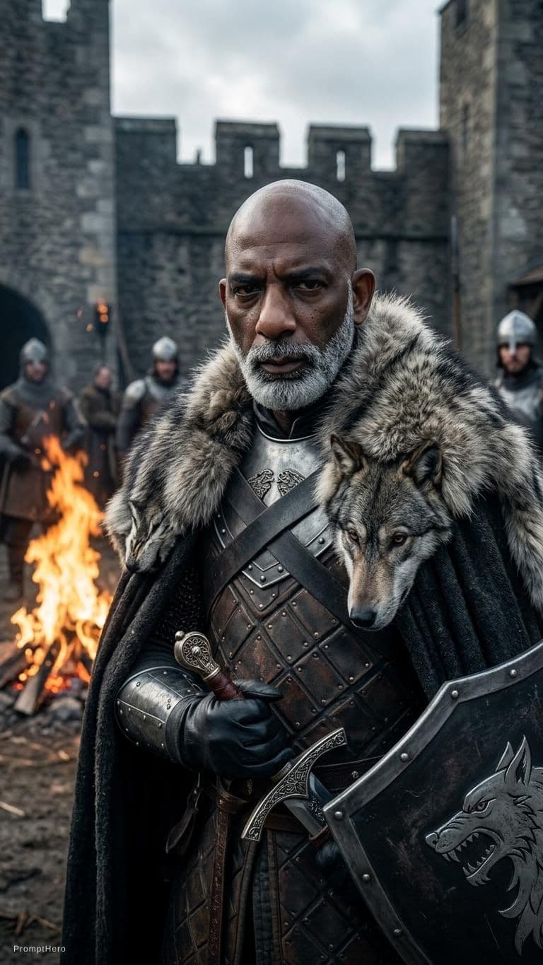 AI generated: Ultra-photorealistic cinematic fantasy portrait of a noble warrior man, 
preserving exact facial fea...