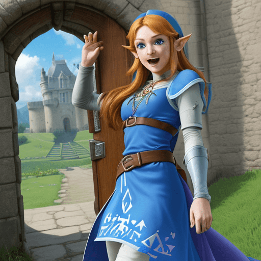 AI generated: Zelda mystérieuse hyper réaliste devant la porte du château d'hyrule