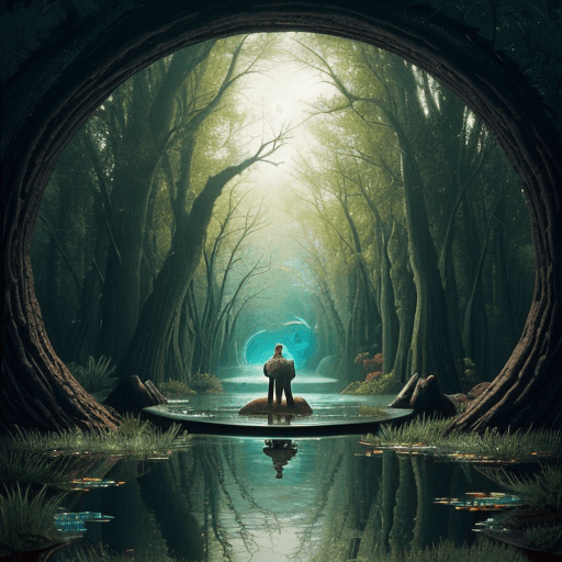 AI generated: a man in a pond, looking through the hole, in the style of visionary otherworldly,, faith-inspired a...