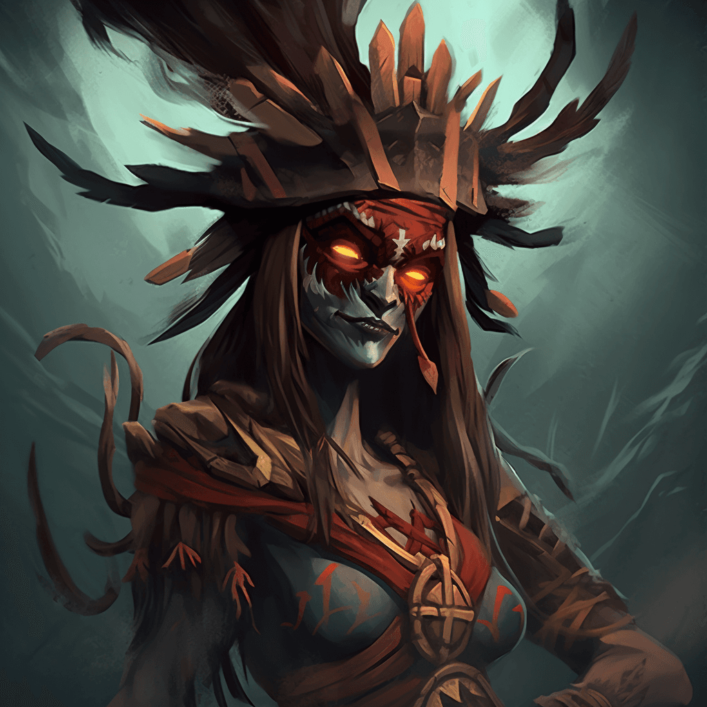AI generated: WITCH DOCTOR Dota 2 as a female, A wiry silhouette hitches forward--uneven of feature and limb, biza...