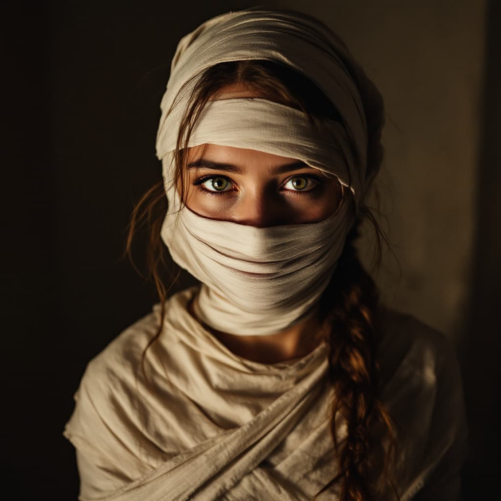 AI generated: a  girl dress like a mummy in halloween.