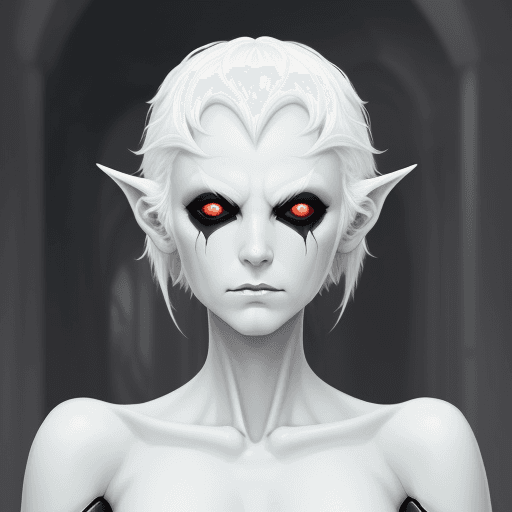 AI generated: DnD Changeling, androgyn looking, human like appearence, pale figure, white empty eyes, white hair