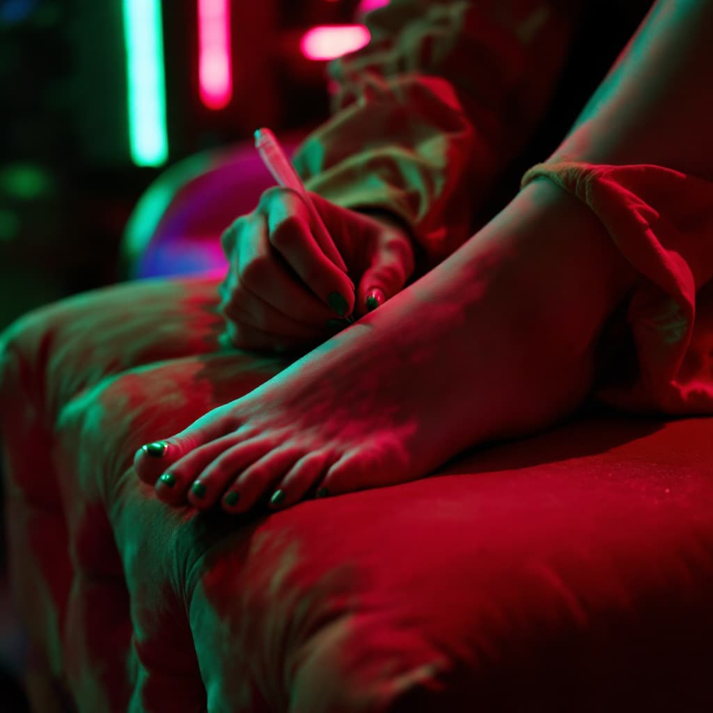 AI generated: cinematic retro vibes,washed-out tones,
Close-up of a girl's snow-white foot resting on a high-end v...