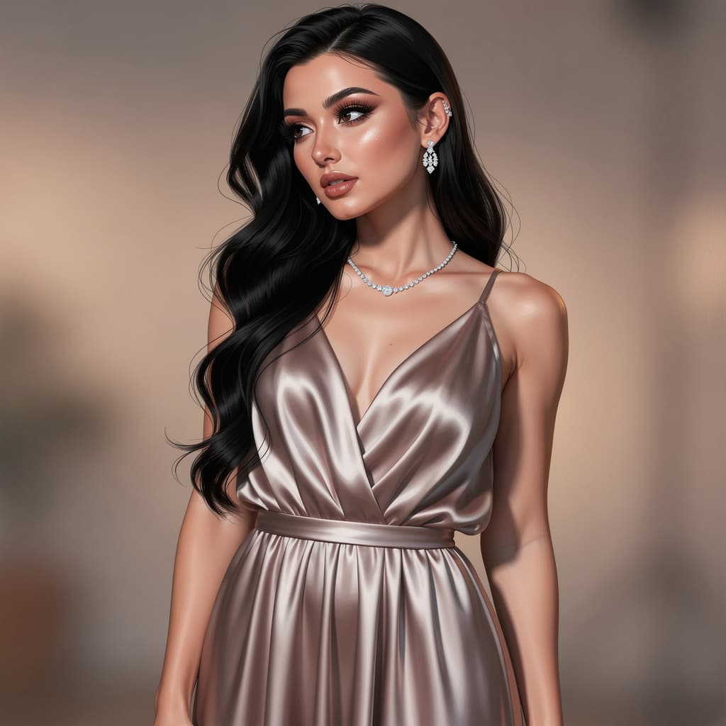 AI generated: Hyperrealistische illustration a beautiful woman with long black wavy hair in a flowing fluffy dress...