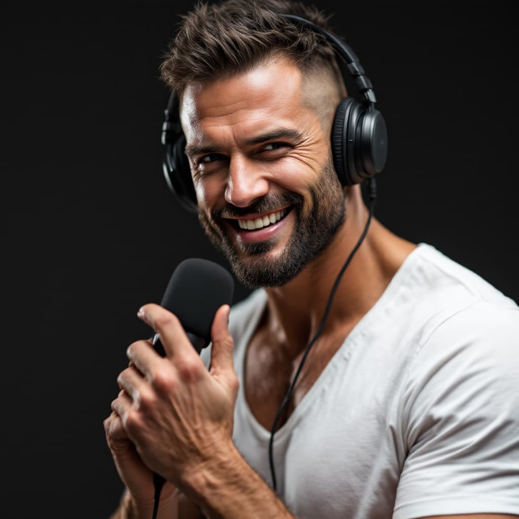 AI generated: VERY SEXY MUSCLE MAN WITH MICROPHONE LOOKING THE CAMERA
WEARING A WHITE TSHIRT, , SMILING ALSO
