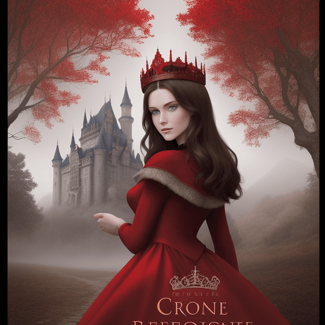 AI generated: 
this is a book cover, it shows a castle, red color, fog, trees. That woman with blue eyes, brunette...