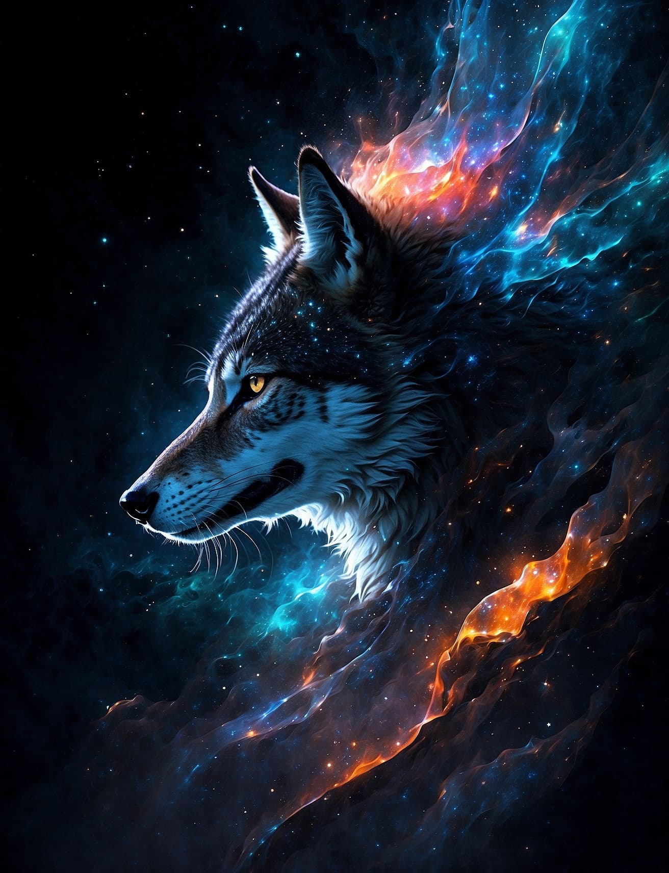 AI generated: alberto seveso art, wolf in space nebula, water ink, ink water, ink, cosmic space background, albert...
