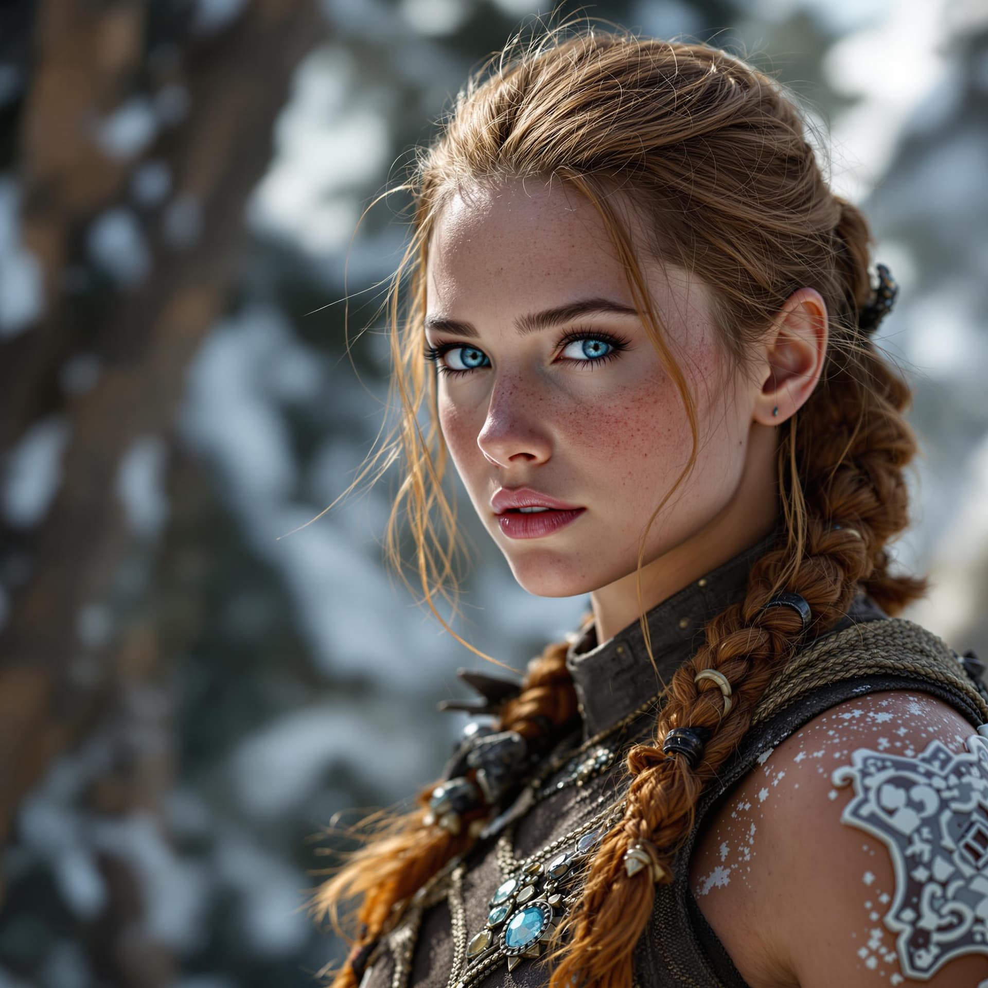 AI generated: Photo of a ultra realistic actress jennifer lawrence in the role of Aloy, the main chracter of the p...
