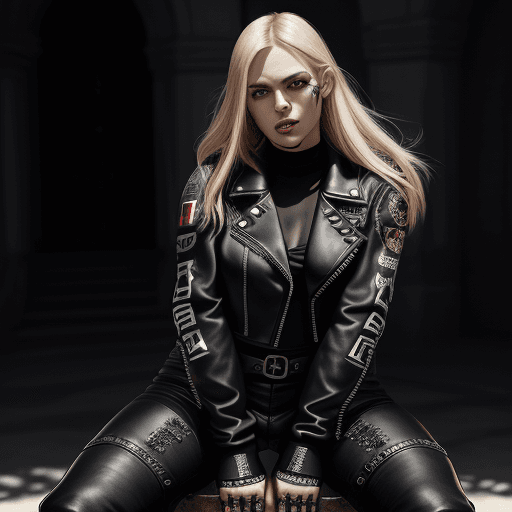 AI generated: graphic art leather jacket, leather pants, military black boots, black metal, heavy metal, eyes squi...