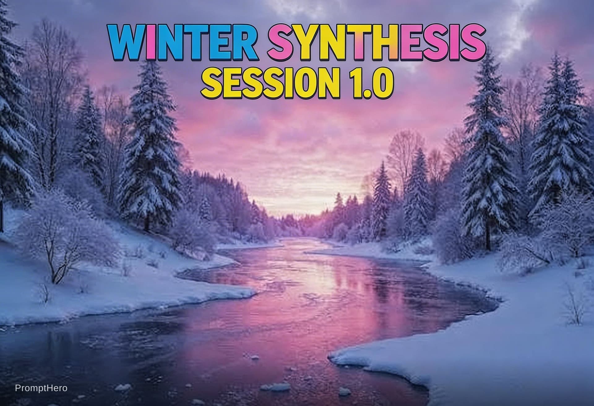 AI generated: WINTER SYNTHEMESIS SESSION 1.0 and write those words with Blue and yellow and pink colour and don't ...