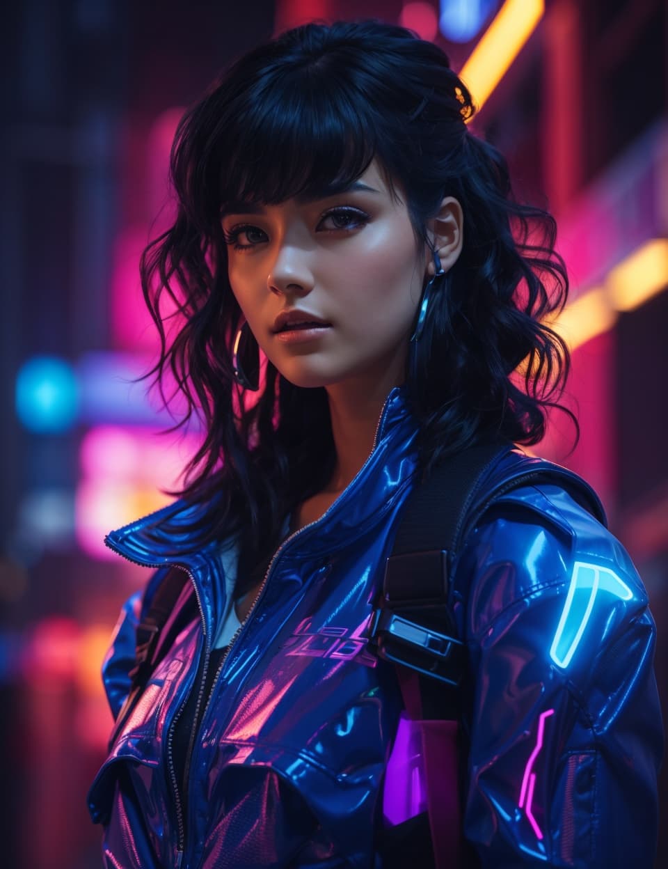AI generated: a woman in a blue jacket and neon lights, cyberpunk art by Liam Wong, featured on cg society, retrof...