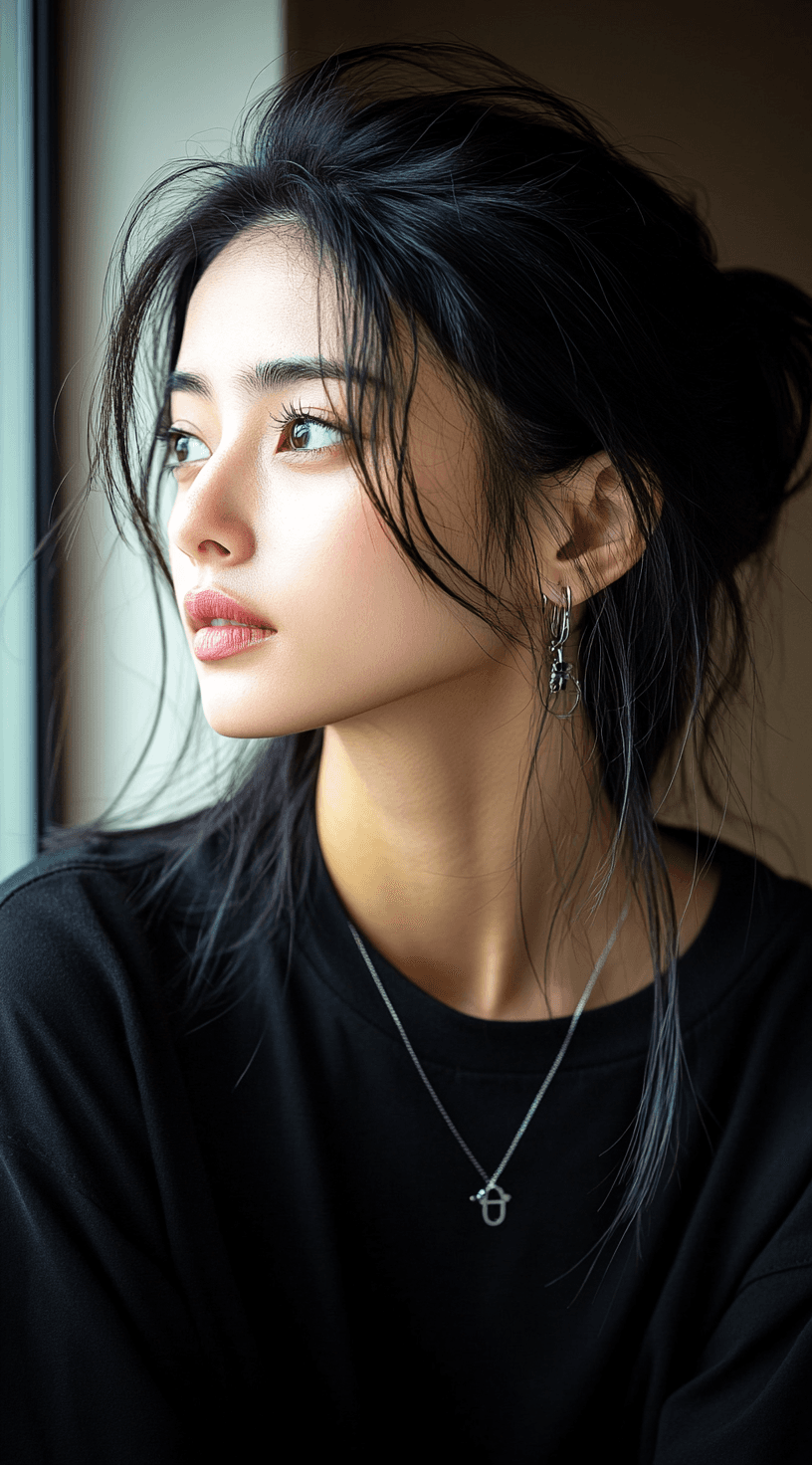 AI generated: woman in a black tshirt, in the style of sterling silver highlights, samyang af 14mm f/2.8 rf, photo...