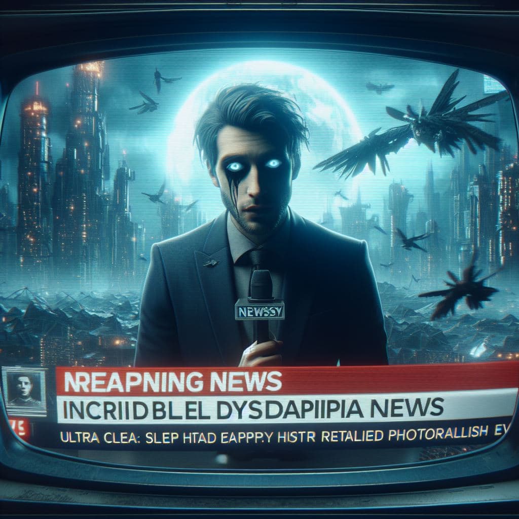 AI generated: TV screenshot, news broadcast, upset reporter announces an incredibly dystopian news, ultra clear, h...