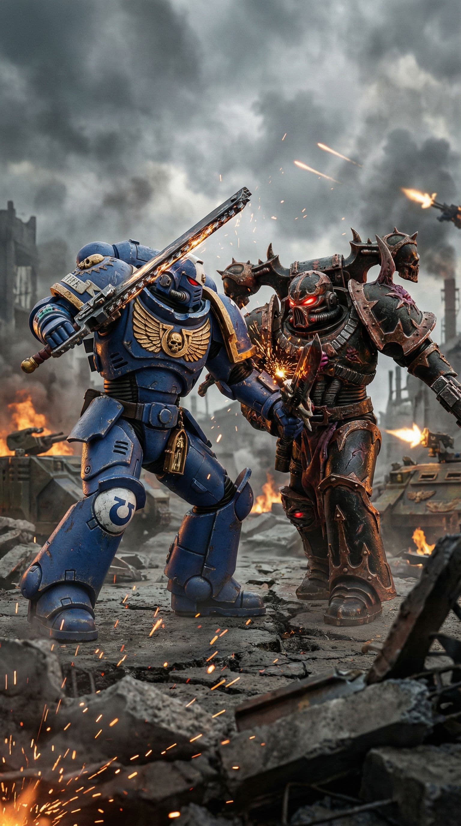 AI generated: Ultra-detailed cinematic scene of an Ultramarine Space Marine locked in brutal close combat with a C...