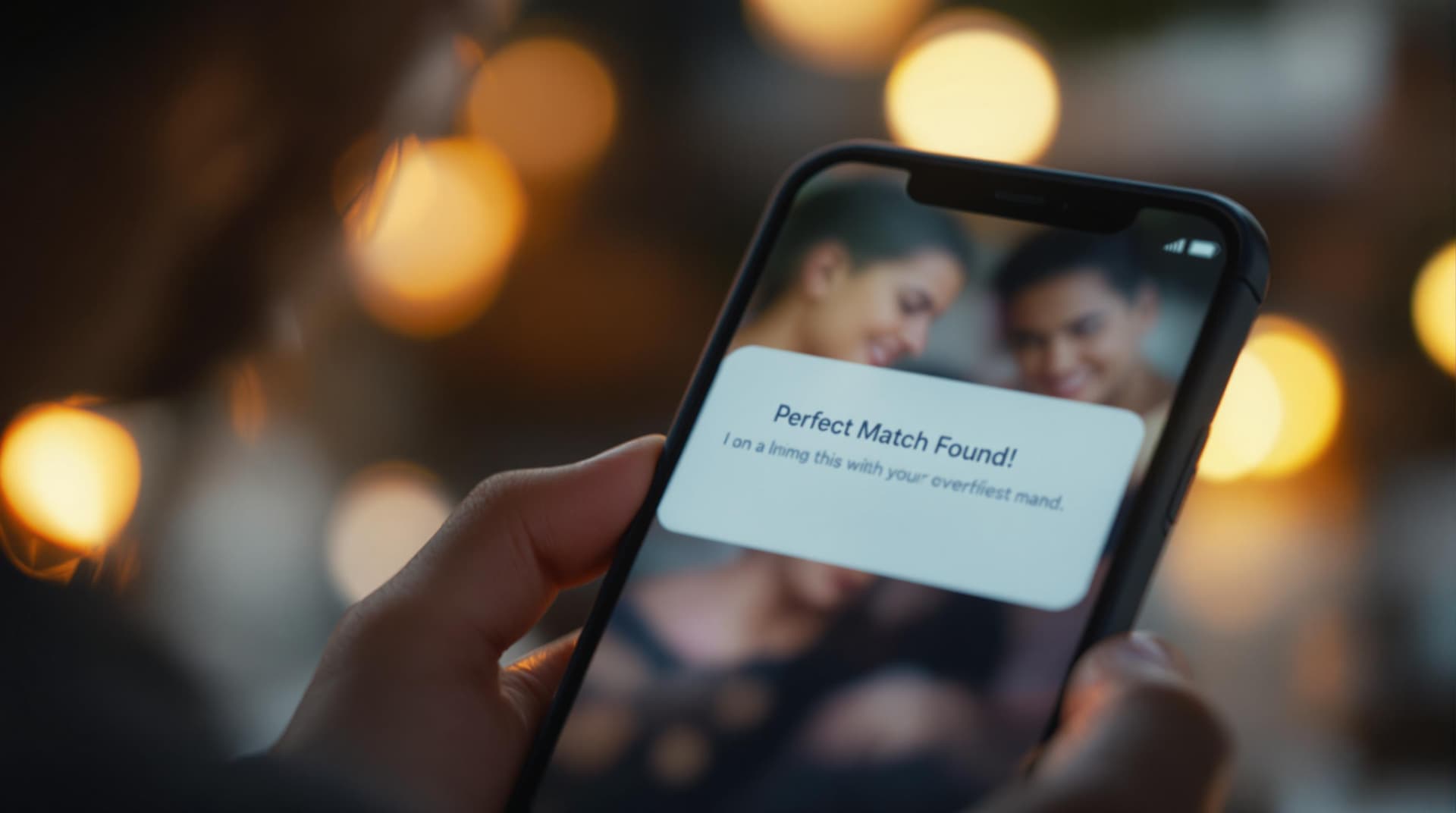 AI generated: (Cinematic UHD, close-up of a smartphone screen displaying a dating app notification, "Perfect Match...