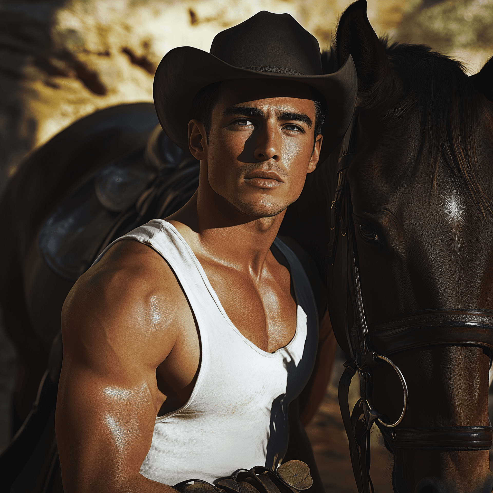 AI generated: A handsome man in a white tank top and cowboy hat poses next to a horse, showcasing his muscular che...