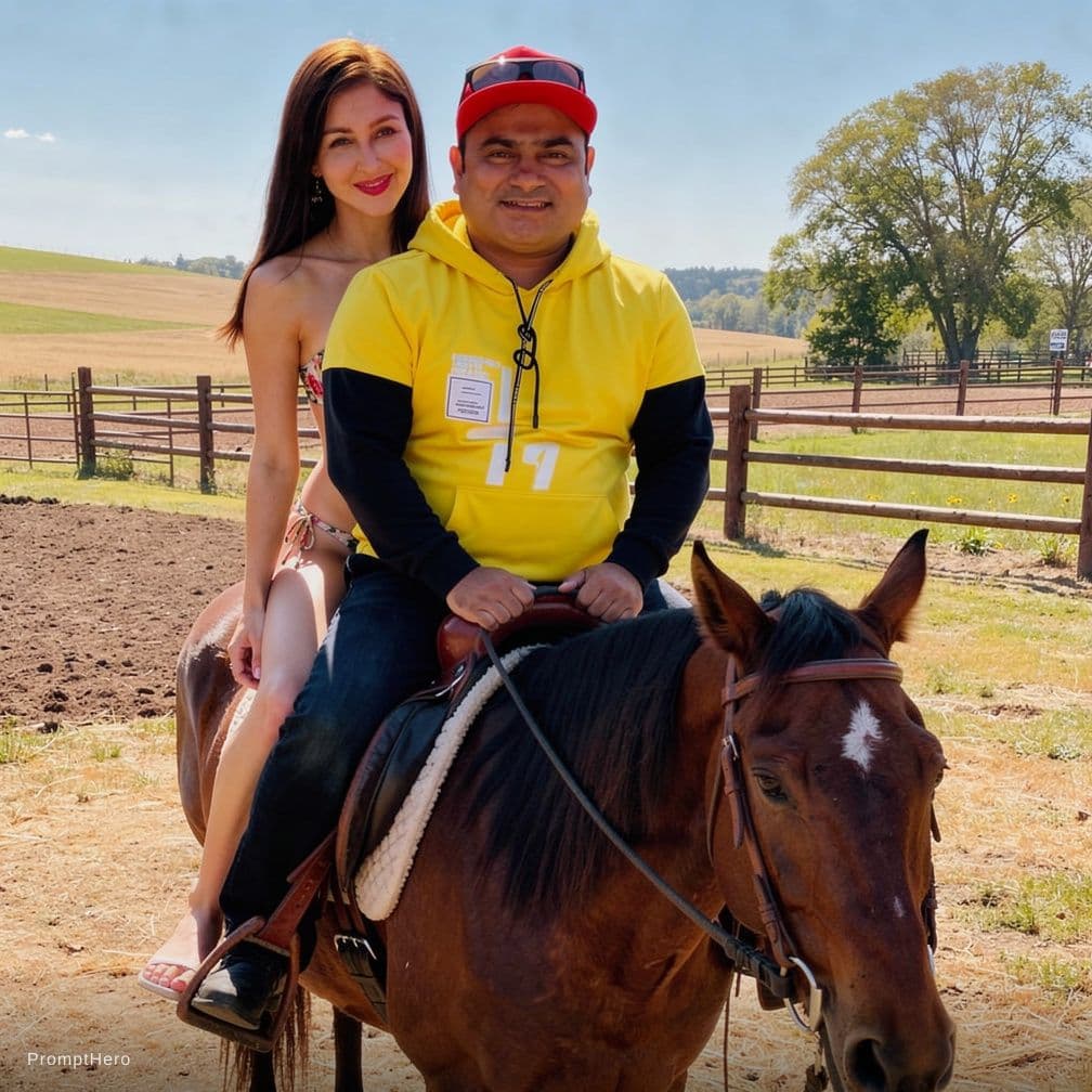 AI generated: horseback riding on same horse together in this outfit shown in upload image