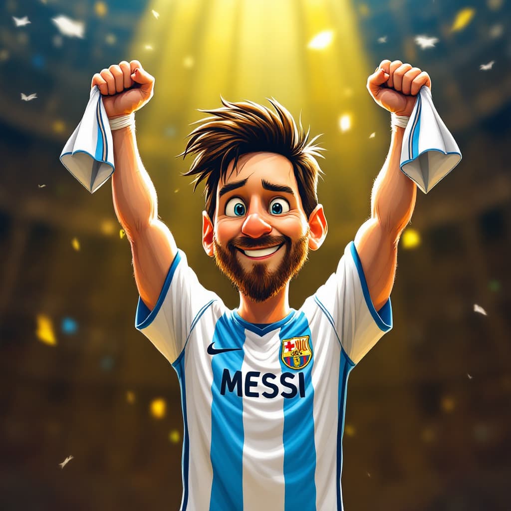 AI generated: Leonel Messi as a Disney Character 2D Line art hanging up the world cup champion 
with the argentini...