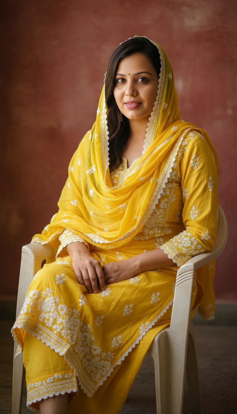 AI generated: A graceful Indian woman with light brown skin, long wavy brown hair, and striking brown eyes, wearin...