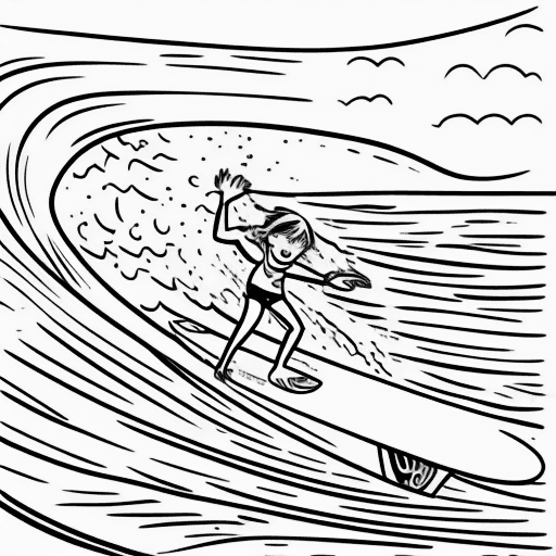 AI generated: coloring page, kawaii surfing, cartoon style, no background