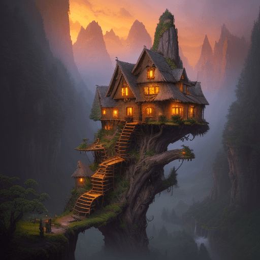 AI generated: valley, fairytale treehouse village covered, , matte painting, highly detailed, dynamic lighting, ci...