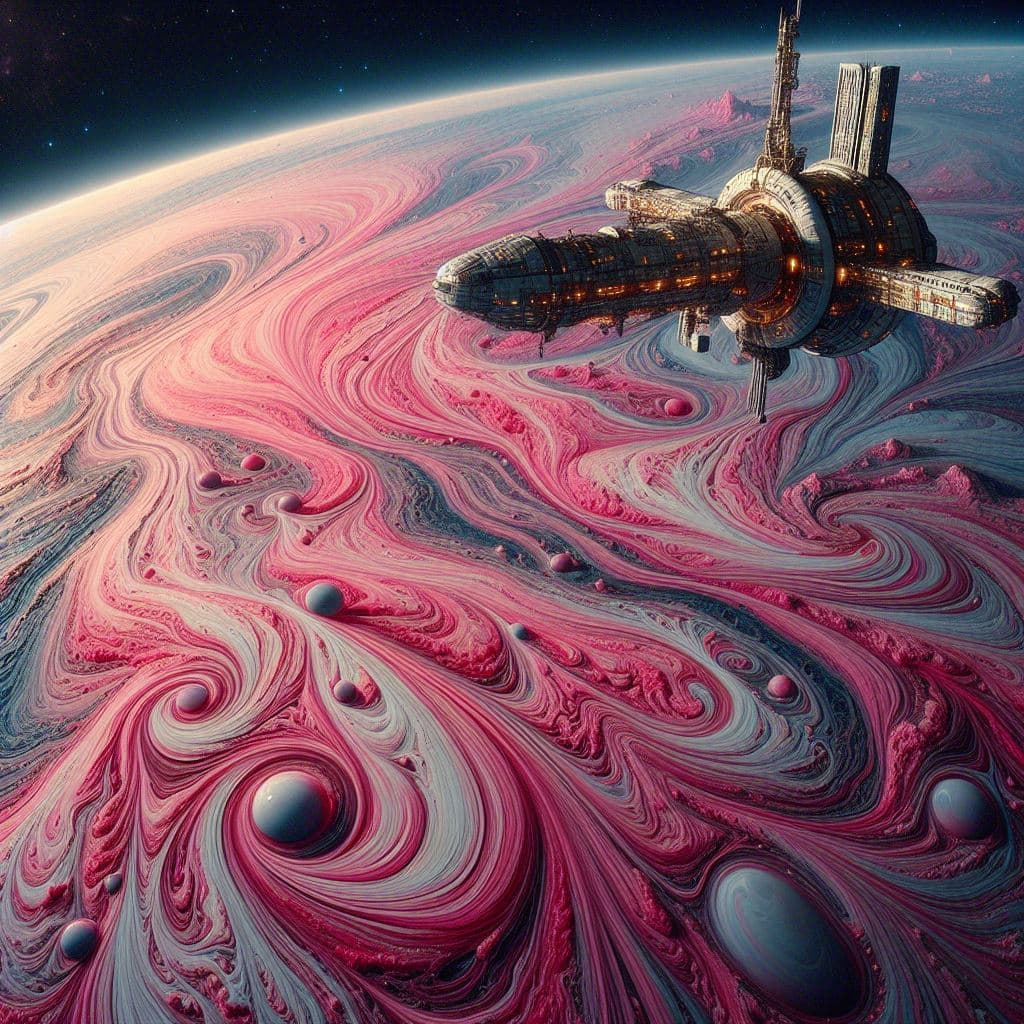 AI generated: Small Space station above the planet Solaris (scifi movie). The planet is a strangely swirling ocean...