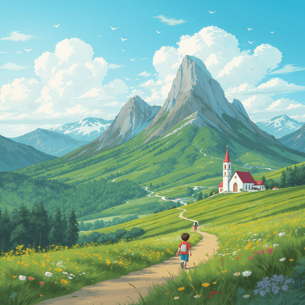 AI generated: a landscape nature view with mount a grassland. there is a boy walking to the church, make it cartoo...