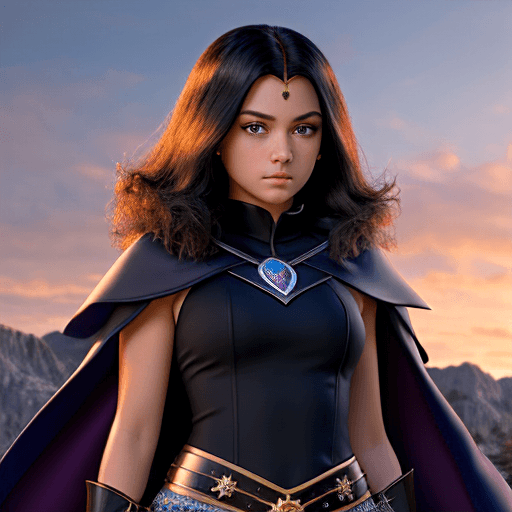 AI generated: Female Teen Titan (Raven) in a cape outfit with sideways jewel belt, david michael bowers, ps1 graph...