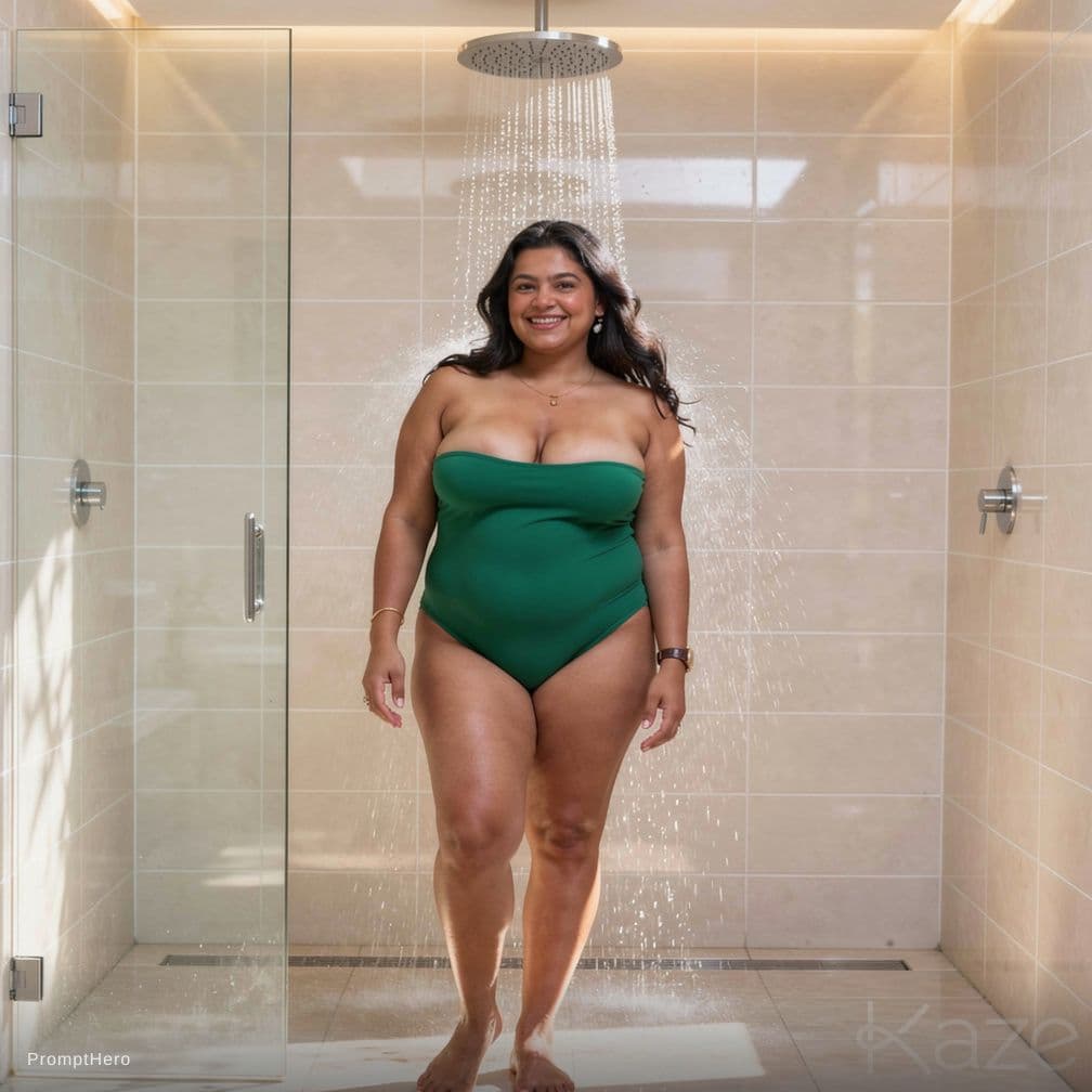 AI generated: Big breasts on shower bathroom 