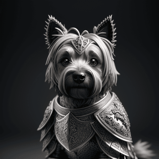 AI generated: kneeling dog cairn terrier knight, portrait, finely detailed armor, intricate design, silver, silk, ...