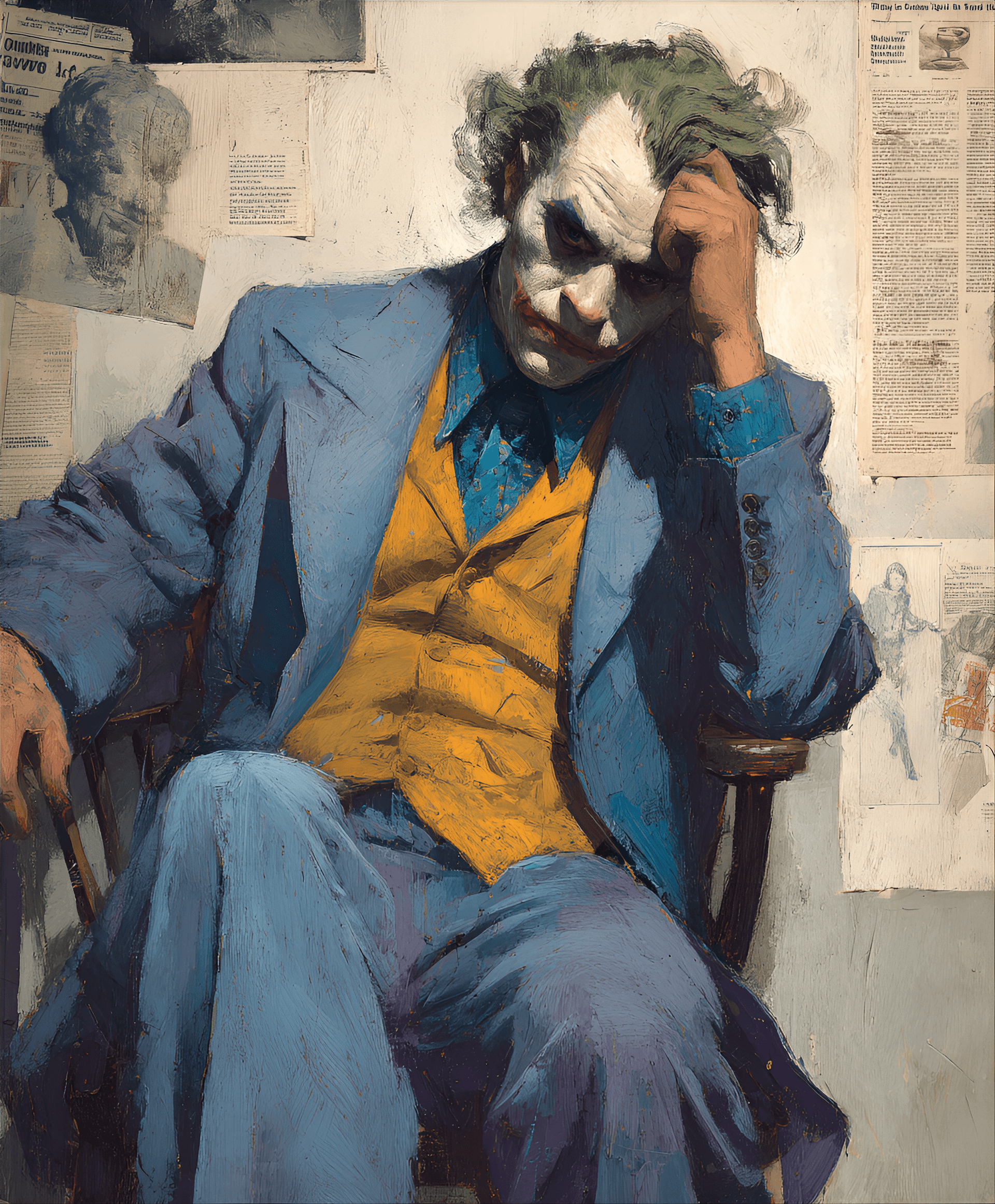 AI generated: The Joker, Caucasian, mid-30s, seated, wearing a faded blue suit jacket over a mustard yellow vest, ...