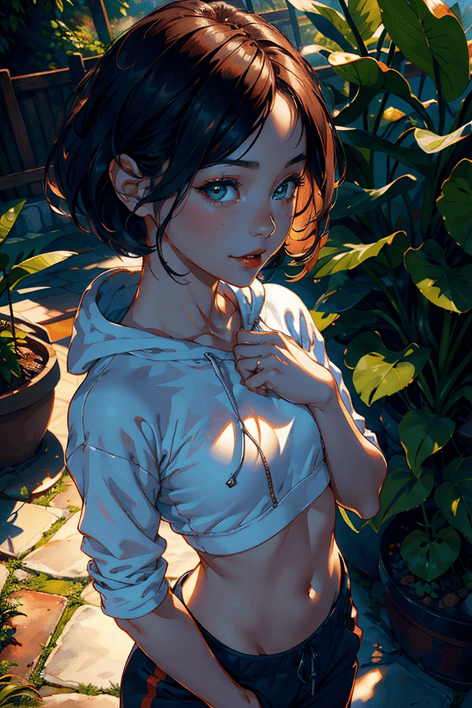 AI generated: 1 girl, beautiful Korean girl, (Cute Loose Bob hair), (wearing a cropped hoodie, capri sweatpants:1....