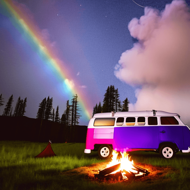 AI generated: rainbow VW bus with unicorn wings in front of campfire under stars
