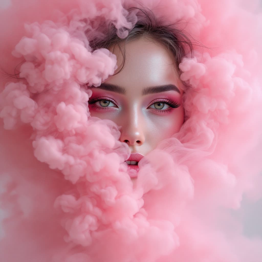 AI generated: portrait of a woman covered in cloud of smoke, whirlwind, pink highlight colors, pink make-up, hints...