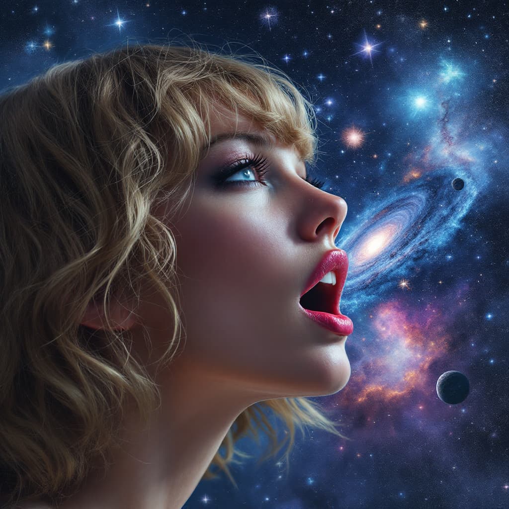AI generated: enormous giantess taylor swift, minuscule galaxy in front of her mouth, photo-realistic hyperbole --...