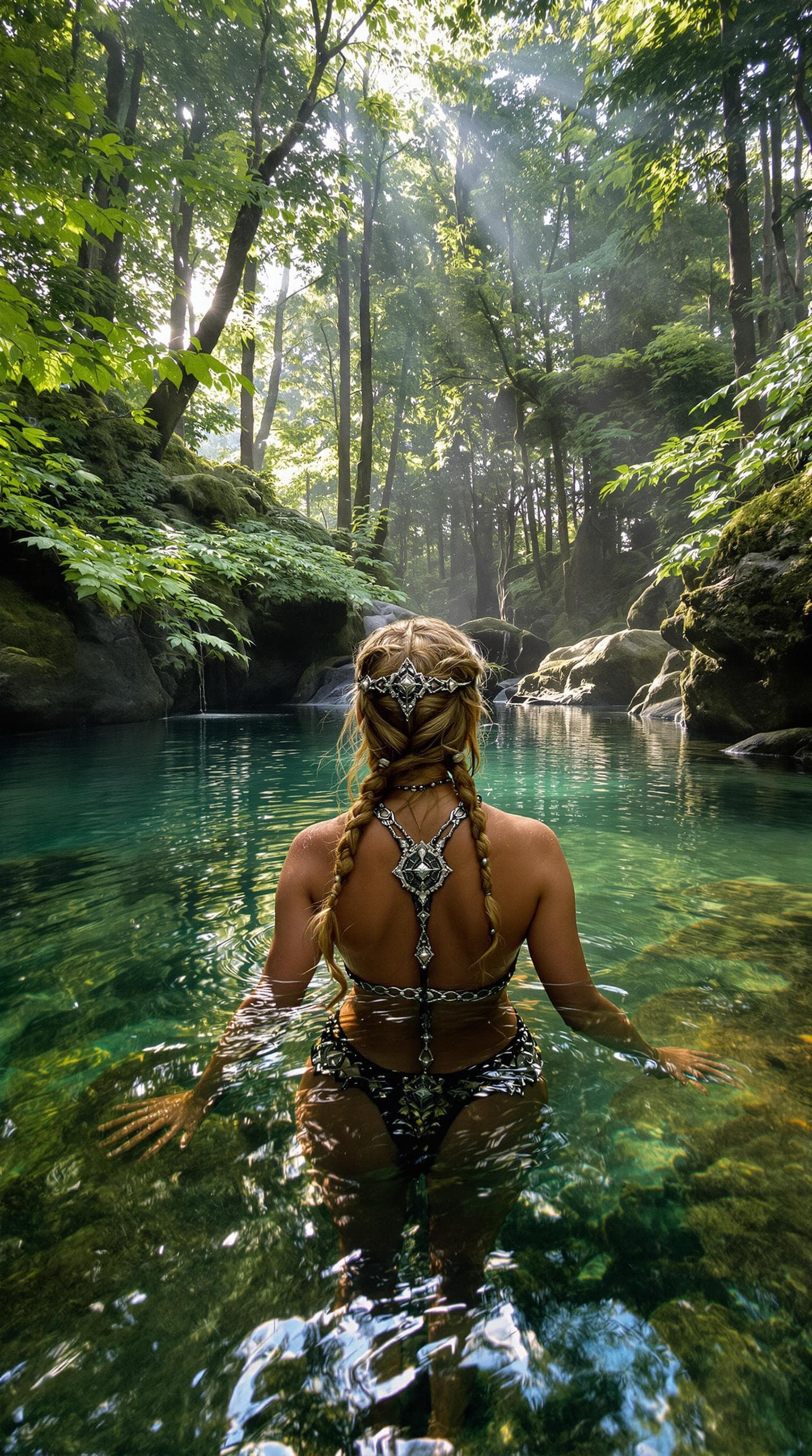 AI generated: Viking woman in secluded forest lagoon, braided golden hair with warrior beads, wearing ornate silve...