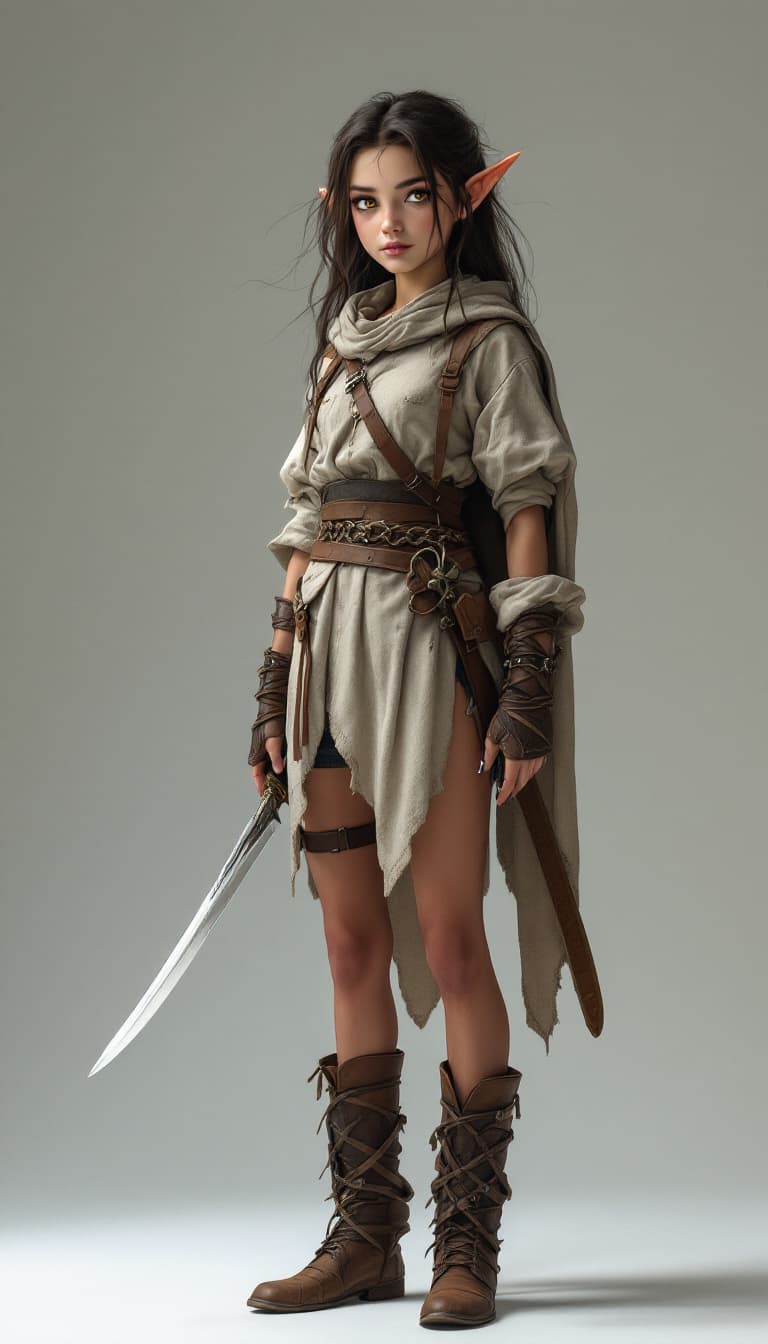 AI generated: A youthful elf maiden stands with a quiet determination, her long legs and free-flowing dark brown h...