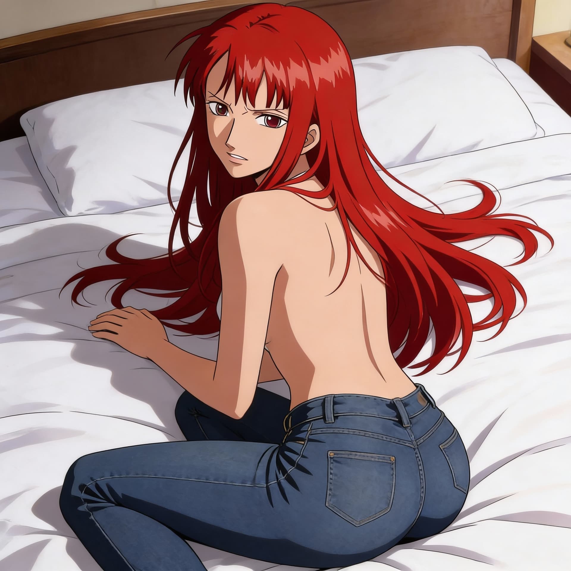 AI generated: beautiful red-headed woman sat on a bed, in tight jeans