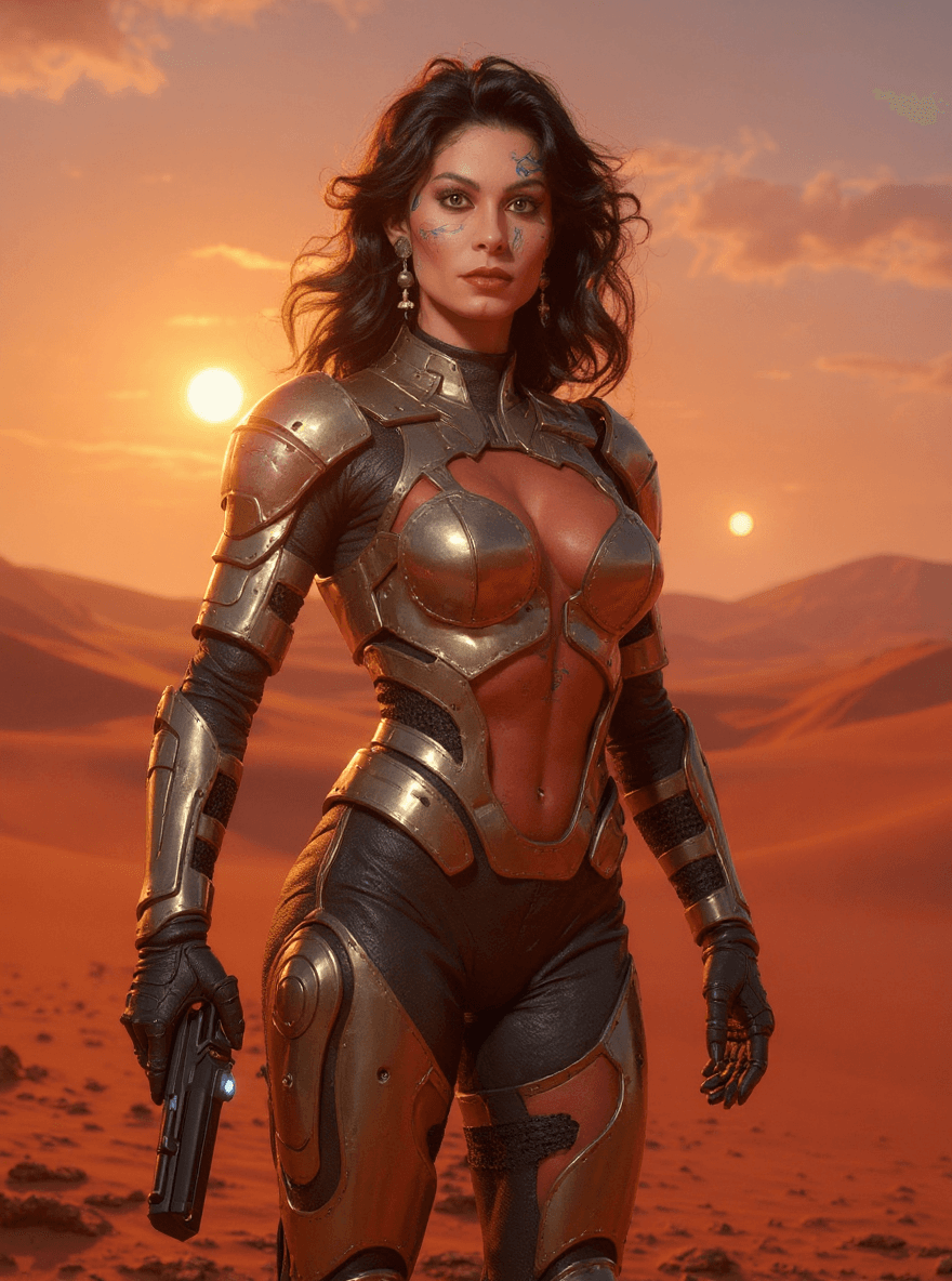 AI generated: A stunning full body (8K) masterpiece of a futuristic depiction of a female warrior, wearing a sleek...