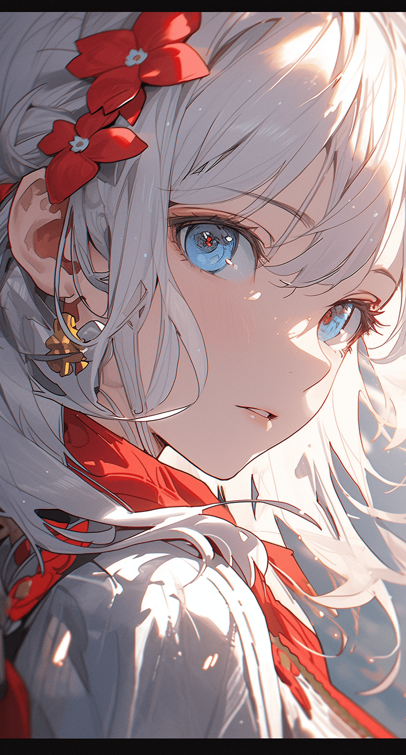 AI generated: the heroine has white hair and blue eyes at the top, in the style of lens flare, painted illustratio...