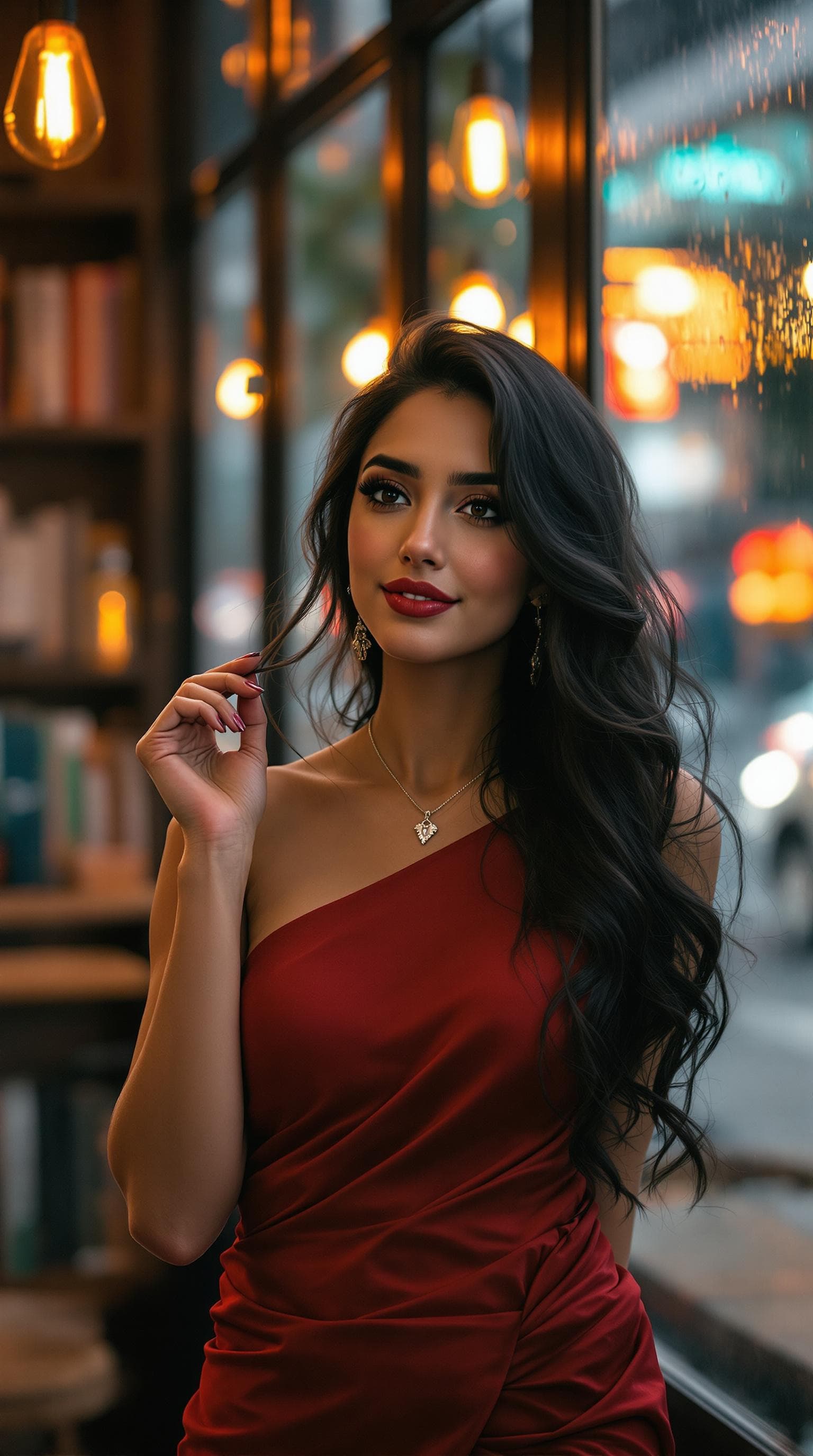 AI generated: A stunning young woman, in a stylish Red saree revealing her big bust hourglass curves , standing in...