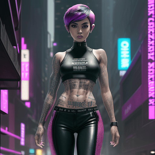 AI generated: Cyberpunk binary code tattooed freckled net runner Filipina girl,sporty, fit body, eleven line abs, ...