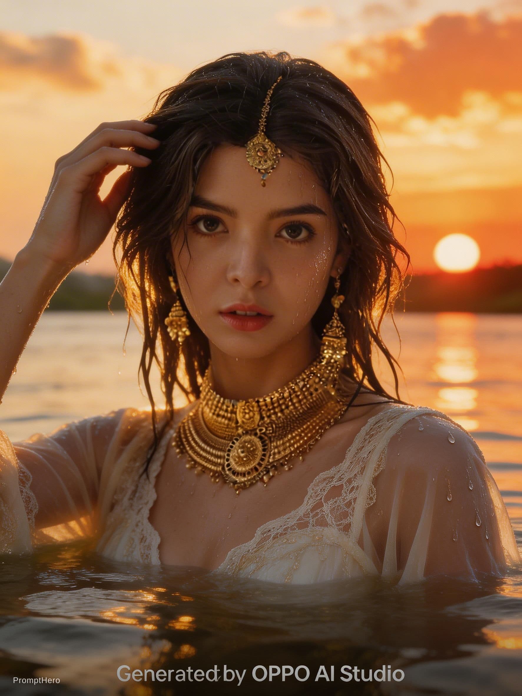 AI generated: The uploaded woman stands by a river. The setting sun, a fiery sunset, golden clouds, and golden rip...
