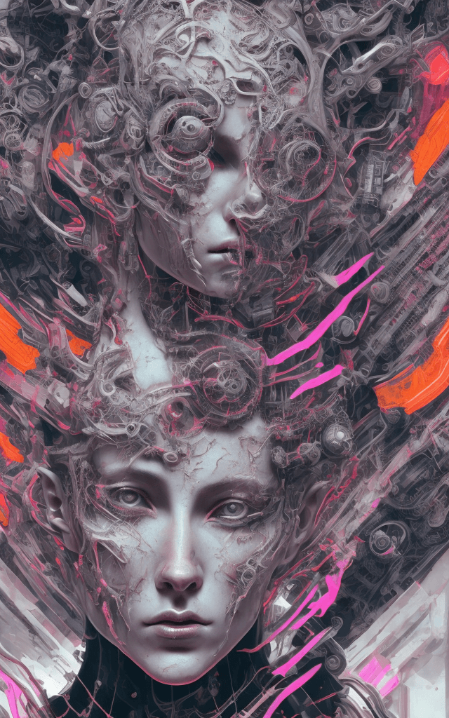 AI generated: 
baroque art and cyberpunk illustration, balanced symmetrical, detailed facial features, scars, meti...
