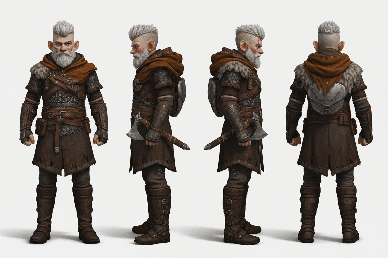 AI generated: "Four full-body profile views of a gender-neutral young warrior on a single seamless 4K image: facin...