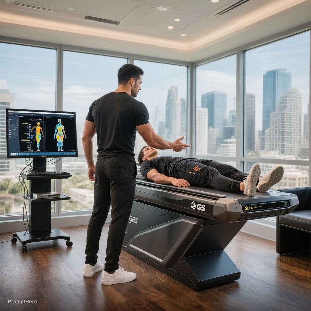 AI generated: RAW photo, wide angle shot, luxury Brickell Miami high-rise 
medical fitness office, DEXA scan room....
