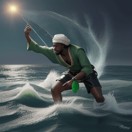 AI generated: Black man in 1524 fishing finds a green meteorite, hyper-realistic, 8k image 