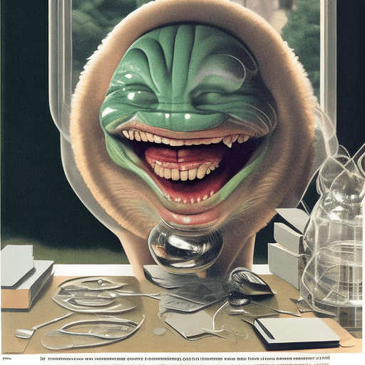 AI generated: Hyper realistic eye level exterior photo of a mid century goblin laughing, AD magazine, Frank Lloyd,...