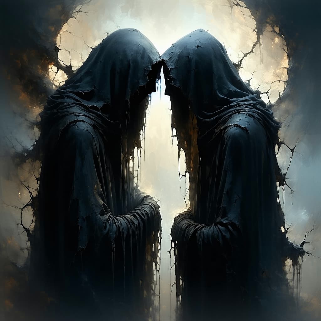 AI generated: A hauntingly beautiful and emotionally intense scene of two ghost-like souls, torn apart yet connect...